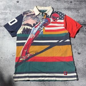 00s/Y2K AKOO Mens Ski Jumper AOP American Flag Graphic Polo Shirt Multi Color XL